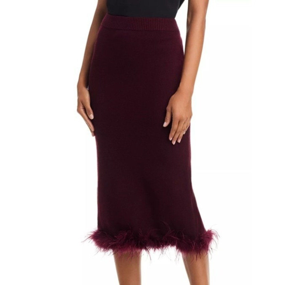 NWT WAYF Bethany Feather Trim Pencil Skirt In Plum Red Women Size Medium Knitted